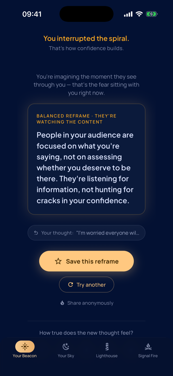 An example of a balanced thought reframe in Beacon